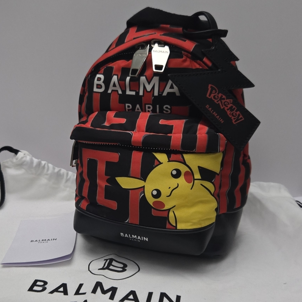 Balmain x Pokémon Logo Print Pikachu Mini Backpack Red Nylon Silver